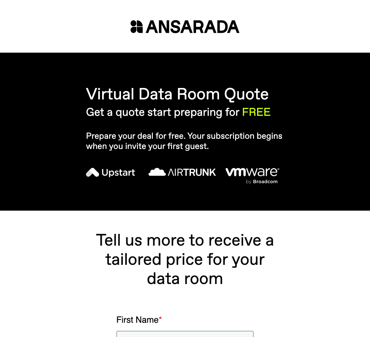 Ansarada pricing page in 2026 showing the Virtual Data Room Quote builder form