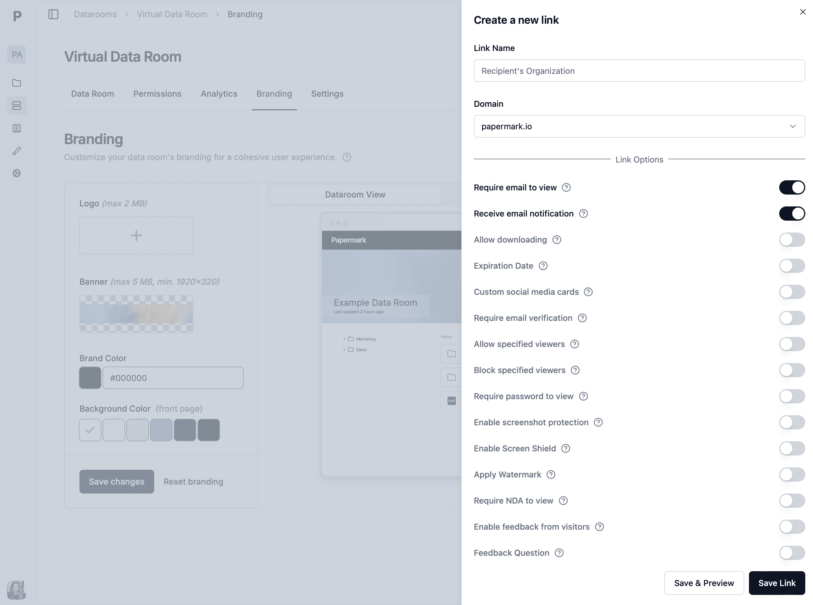 Link permissions configuration in Papermark