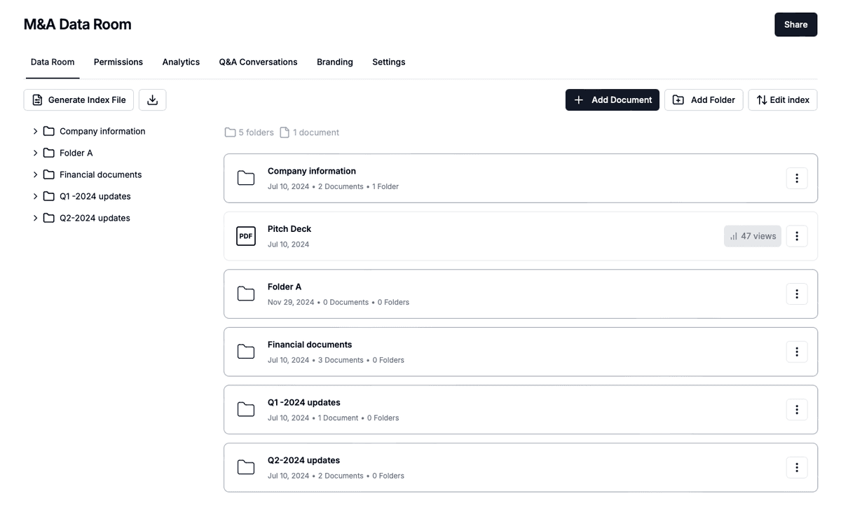 Papermark data room used as an M&A alternative to Datasite Diligence