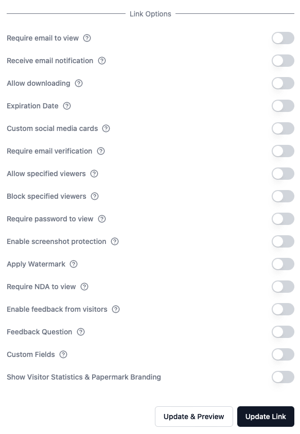 Link permissions interface in Papermark