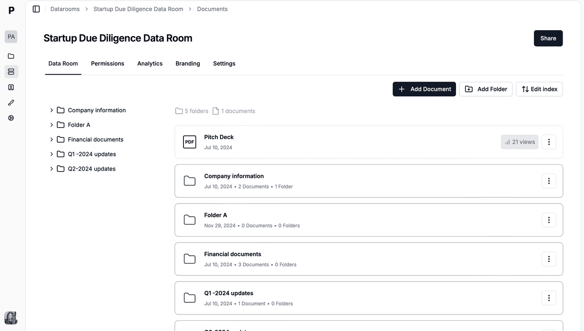Data room prepared for sell-side due diligence with folders organised by workstream