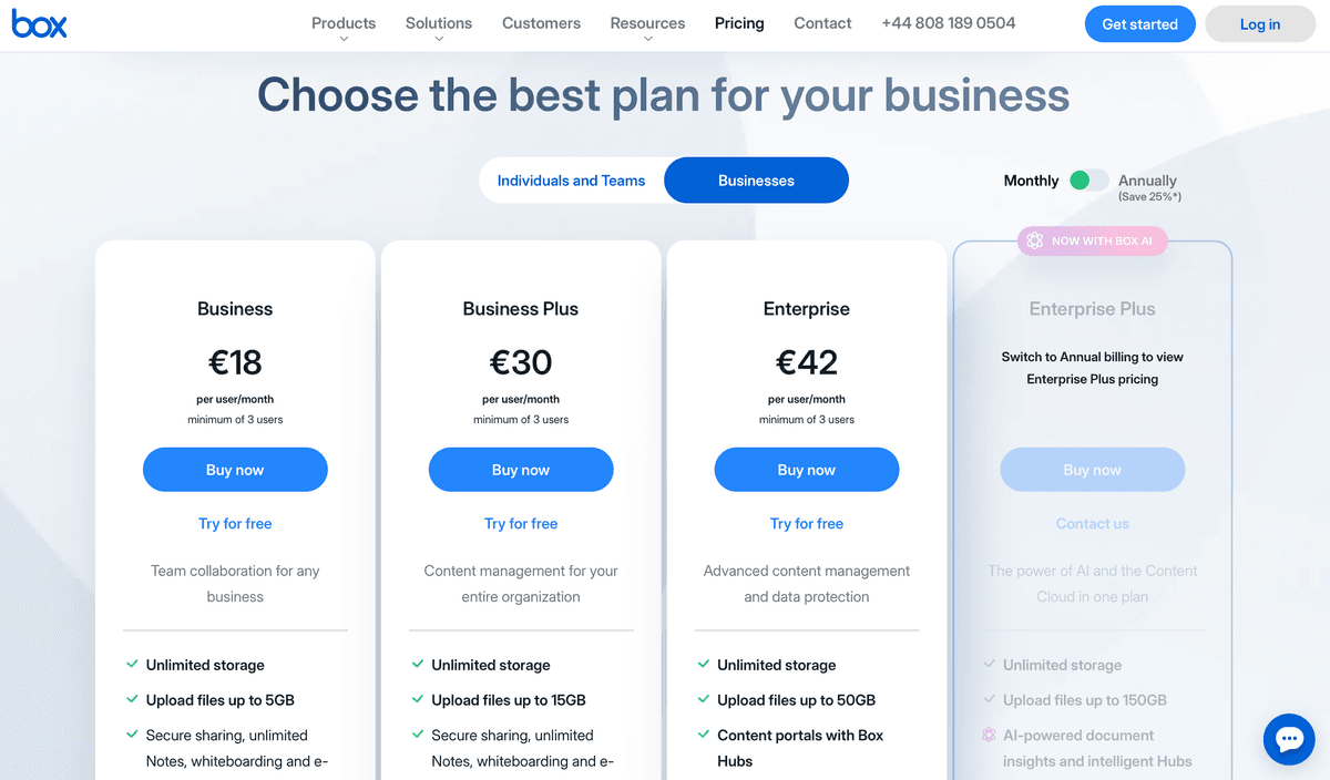 Box pricing plans
